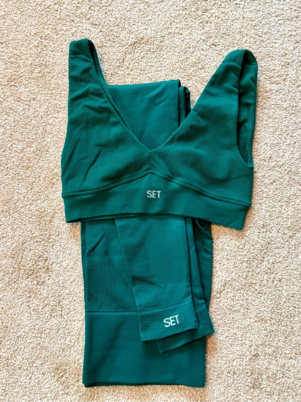 SET Active Ribbed V-Neck Bralette and Leggings — Teal Green